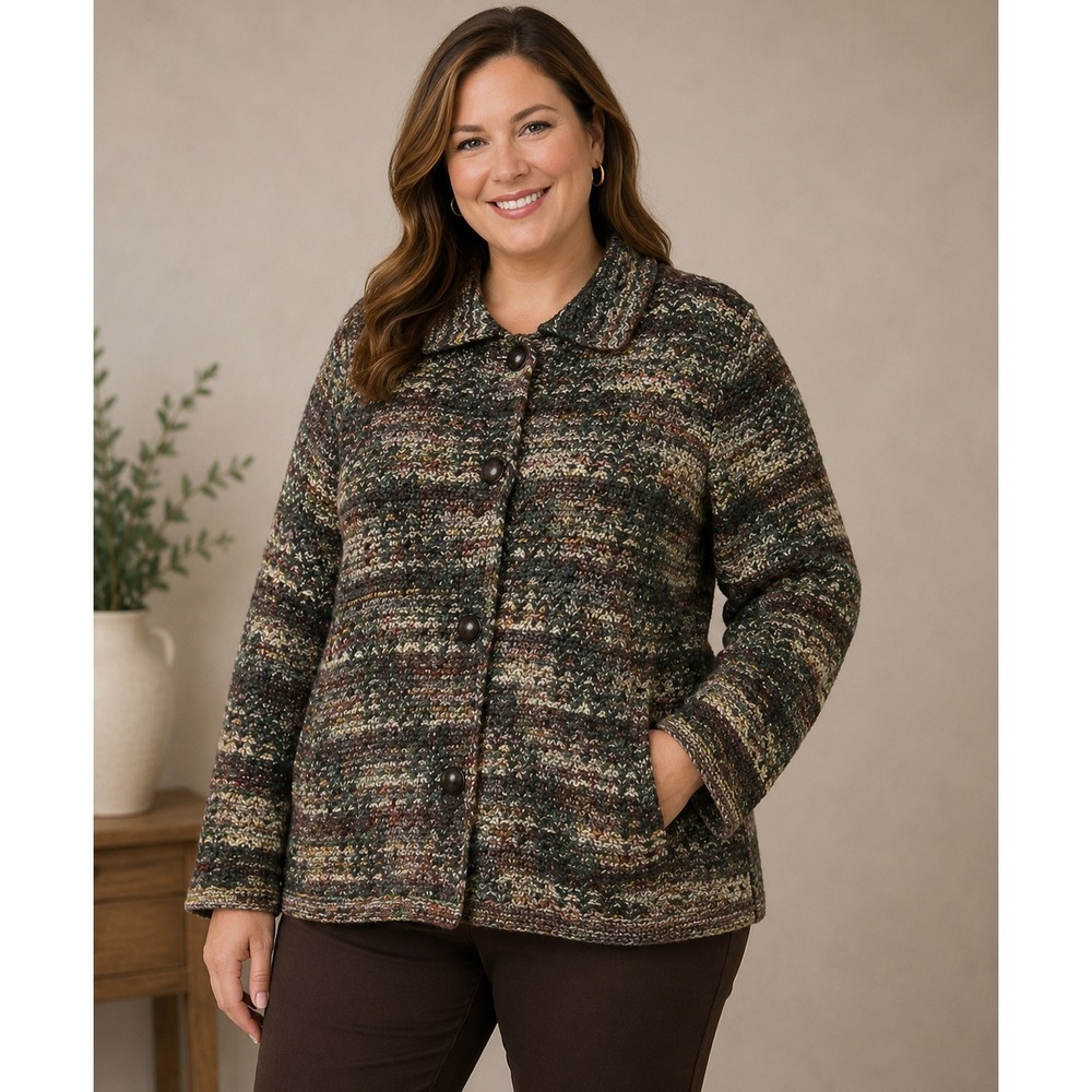 CJ Banks Women's X Multi-Color Knit Button Jacket Boho Fair Isle Sweater Coat